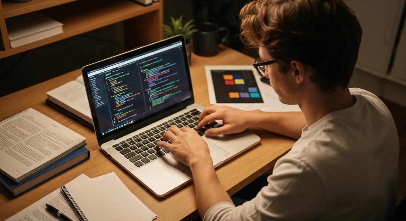 Remote developer engaged in a coding challenge in a home office